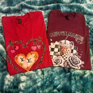 Red Graphic T-Shirts with Heart and Coffee Designs
